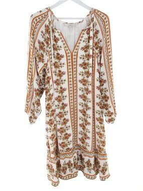 💐 LOFT White Floral Midi Dress with Rust & Green Stripes💐